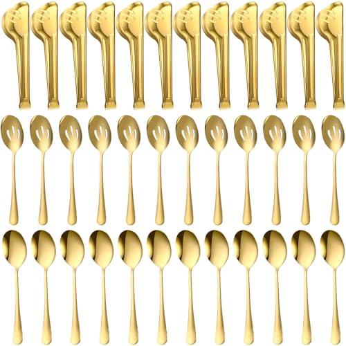 Sabary 36 Pcs Stainless Steel Serving Utensils for Buffet Parties Including 12 Serving Spoons 12 Slotted Spoons 12 Serving Tongs Large Metal Flatware Set for Tanksgiving Catering Banquet(Gold)