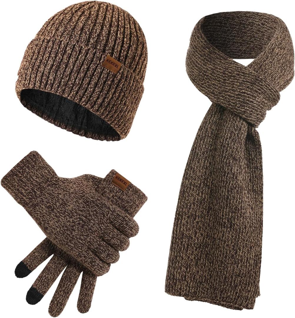 Winter thickened hat, scarf, and touchscreen gloves set for men and women, knit hat,suitable as a gift and for outdoor warmth (Brown)