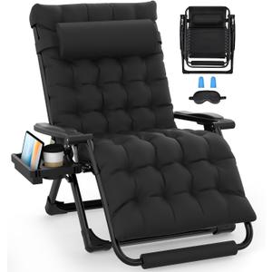 Slendor Oversized Zero Gravity Chairs XXL, 33In Padded Zero Gravity Lounge Chair, Lawn Recliner, Folding Patio Reclining Chair w/Aluminum Alloy Lock, Headrest, Cup Holder, Support 500lbs, Black