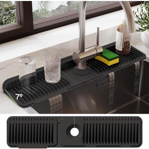 24 Inch Silicone Faucet Mat for Kitchen Sink Splash Guard  2025 Upgraded Draining Mat with Water Tray Behind Faucet  Countertop Protectors to Catch Spills (Black, 24" x 5.5")