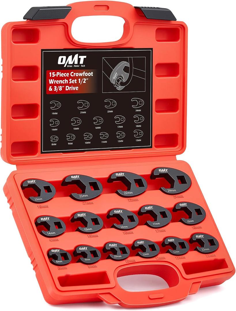 Orion Motor Tech Crowfoot Wrench Set, 15-Piece Crows Foot Wrench Set with 8 to 24 mm Metric Flare Nut Wrenches, 1/2 & 3/8 in. Drive Flare Nut Wrench Set with Laser Etched Marking Carry Case, Red
