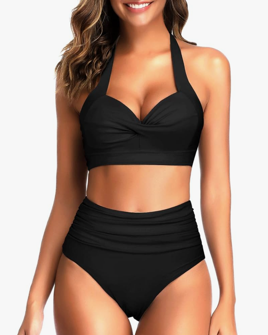 Tempt Me Women Two Piece Vintage Swimsuit Retro Halter Ruched High Waist Bikini with Bottom, L, Black