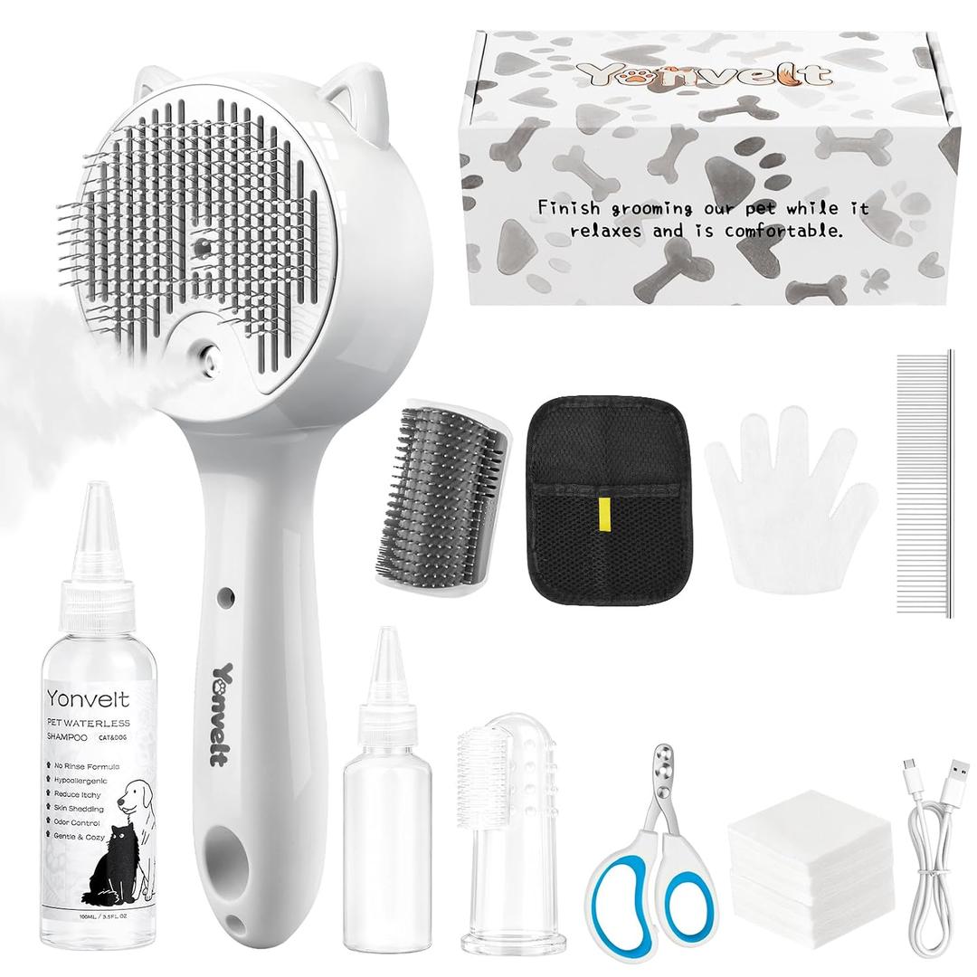 10Pcs Mist Spray Brush Kit for Cats & Dogs, Hair Health & Grooming Set with 100ml Waterless Shampoo, Cat Scratcher w/Catnip, Nail Clippers, Toothbrush, Comb, Eye Ear Paw Dry Wipes & Gloves, Gift-Set