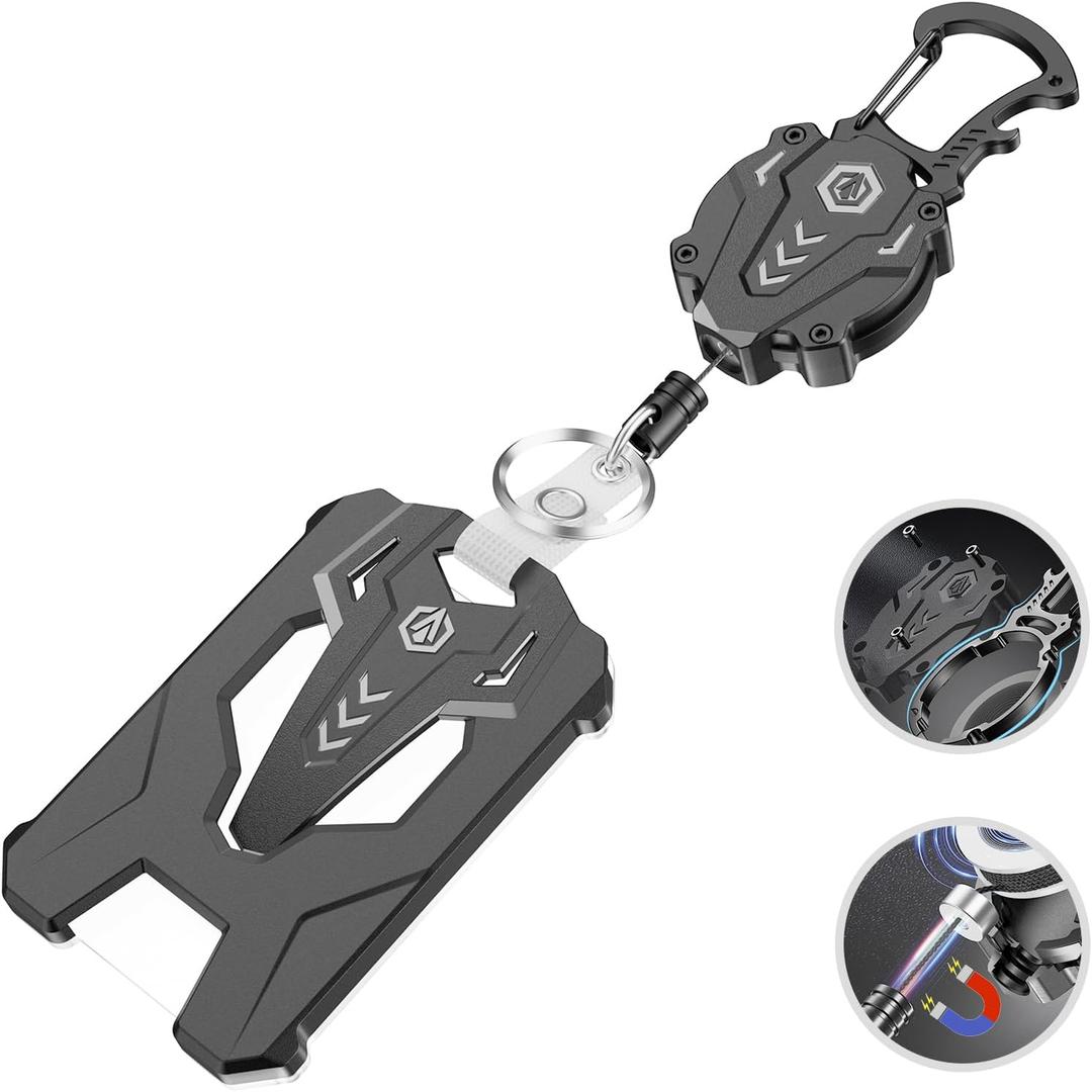 Retractable Badge Holder Set, Tactical ID Card Holder with 31" Heavy Duty Retractable Badge Reel Keychain Clip, Unbreakable Sandwich Structure with Magnetic Closure, Bearing 25oz