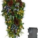 Sunny Bay Atelier- Prelit 26" Holiday Teardrop Swag  Lifelike Mixed Artificial Pine & Cedar with Blueberries and Battery-Operated 35 Color Changing LED Light (Battery Operated)