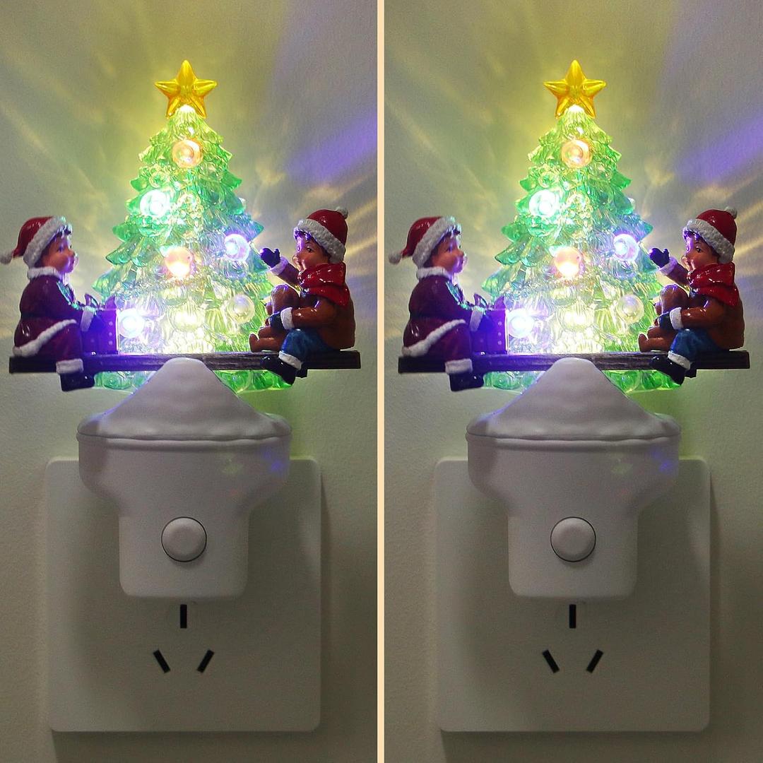 2 Pack Christmas Night Lights Plug into Wall Christmas Tree Nightlights with USB/Outlet Options, Xmas Tree Night Lights Decorative for Bedroom Living Room Kitchen Holiday Decorations Gifts