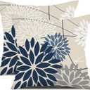 Blue and Gray Floral Pillow Covers 24x24 Set of 2 Outdoor Waterproof White Colored Decorative Throw Pillows Summer Pillowcase Polyester Cushion Case Decor for Couch Patio Funiture Garden Porch 01B24 (Dark Blue Grey)