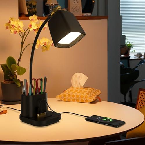 Desk Lamp for Home Office, with USB Charging Port & Pen Holder, Touch Control Dimmable, Perfect for Study, Reading, Work - Black