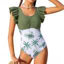 Girls Swimsuits One Piece Floral Ruffle Bathing Suits for Teens Removable Bra Hawaii Floral Prints Girls Swimwear 9-10Y Green