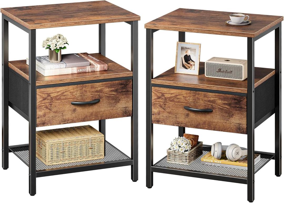 Huuger Nightstand Set of 2, Night Stand with Fabric Drawer, Mesh Shelf, Side Table with Storage, Fabric Drawer Dresser, Open Shelf, Metal Frame, Bedroom, Rustic Brown