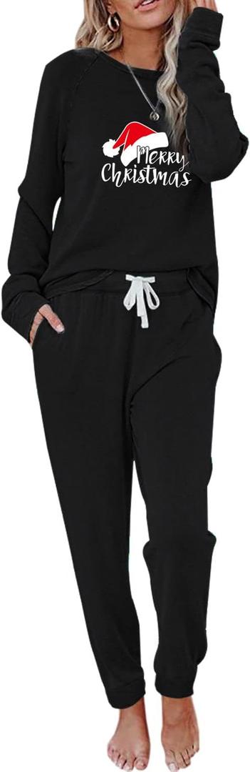 Christmas Pajamas Two Piece Outfits Tracksuits Loungewear Matching Set Pjs Jogger Sets (Large, Women-black01)
