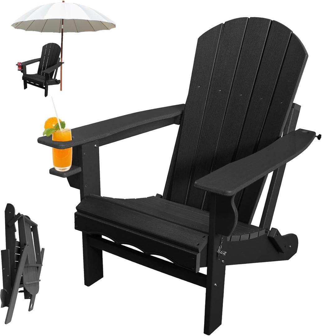 Folding Adirondack Chair, Realistic Wood Texture, No Fade, All Weather Outdoor Adirondack Patio Chairs with Cup Holder for Porch, Deck, Poolside (Black)