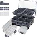 RUNCL Universal Fishing Tackle Box with Two Small Tackle Tray, Removal Inside Design Waterproof Trunk Storage Box, Thicker Floating Airtight Stowaway, Xmas Surprise Fishing Gifts for Men Women (Grey)