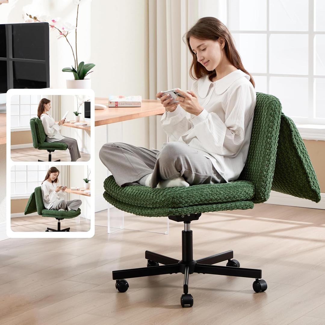 Fizzin Cross Cross Chair Memory Foam Armless with Wheels Home Office Green, 24.02" W x 27.95" D x 38.19" H