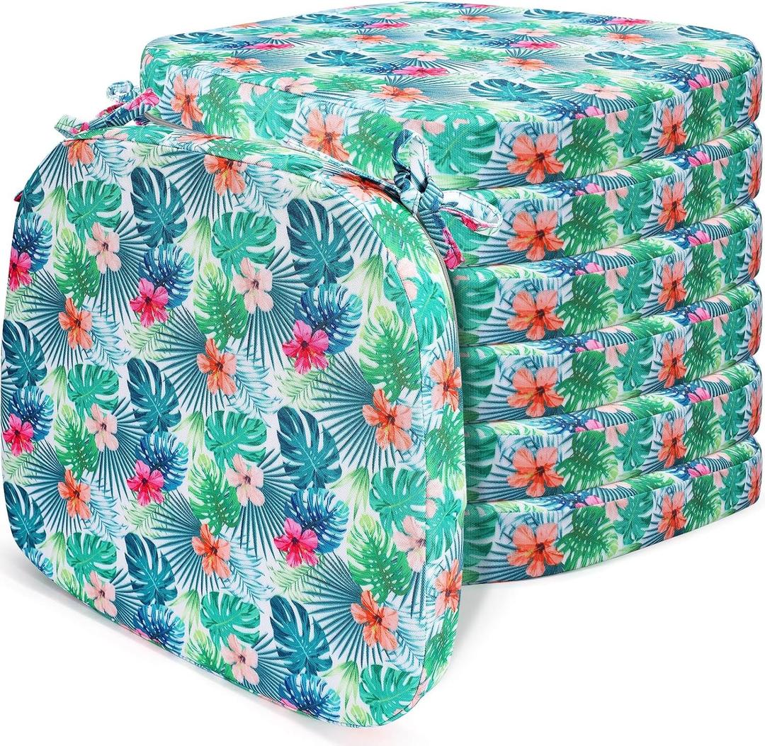 Beeveer Set of 6 Tropical Flower Outdoor Chair Cushions 17" x 16" x 2" Waterproof Patio Chair Cushions Replacement Indoor Outdoor Seat Cushions with Removable Cover Ties for Garden Patio Furniture