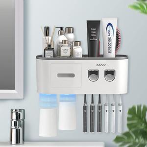 Toothbrush Holders Wall Mounted, Toothbrush Holder with Automatic Toothpaste Dispensers, 6 Brush Slots, 2 Magnetic Cups, 1 Cosmetic Drawer Organizer and 1 Large Storage Tray