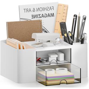 Desk Organizer with 2 Drawer, Multi-Functional Pencil Pen Holder, Plastic Desk Organizers and Storage with 5 Compartments for School Office Art Supplies (White)