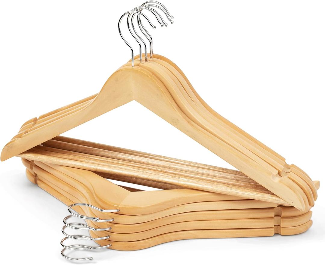 Wooden Clothes Hangers 10 Pack, Natural Wood Coat Hangers, Non-Slip Shoulder Grooves & Notches, 360° Swivel Chrome Hook, Space-Saving for Suits & Jackets, Closet Organizer - Hodge Home Essentials 