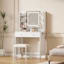 White Vanity with Lighted Mirror, 8 Shelves, 2 Drawers, Charging Station, Hair Dryer Holder & Stool, LED Mirror with 3 Light Modes, 1 Count