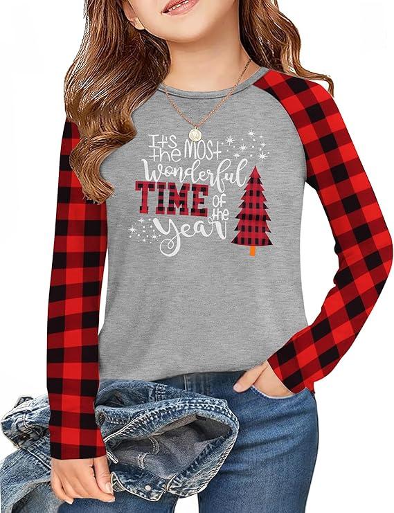 Arshiner Girls Raglan Long Sleeve Shirts Crew Neck Soft Casual Tunic Tops Kids Girls Basic Tees Blouses, 5/6Y