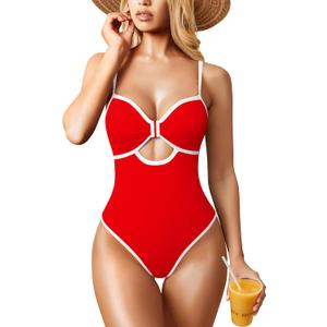 OQQ Womens One Piece Swimsuit Cutout Push Up Tummy Control Bathing Suit with Adjustable Straps (Small, Red)