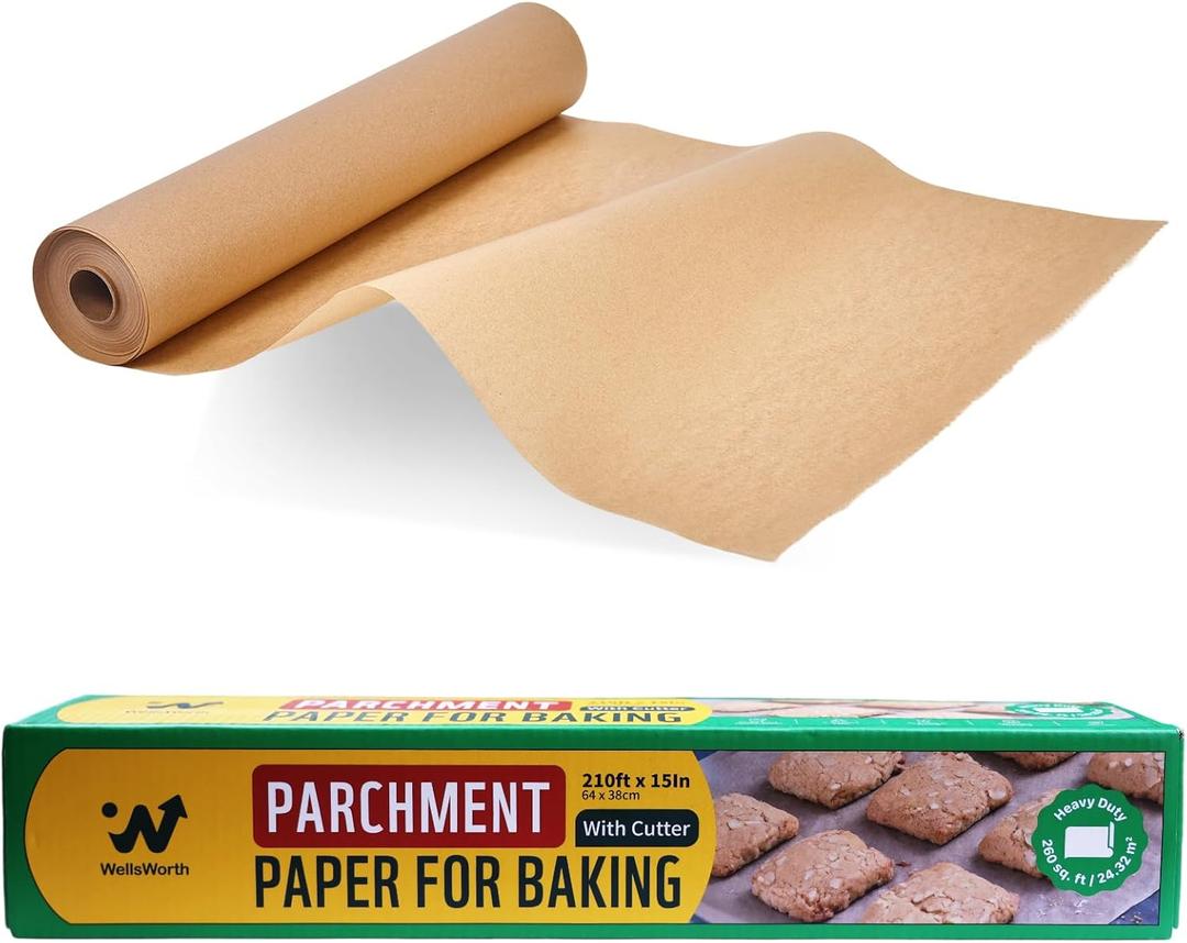 Unbleached Parchment Paper Roll, 15 in x 210 ft Unbleached Non-Stick Baking Paper, Heat Resistant & Food Grade Brown Parchment for Baking, Oven, Cooking, Grilling, Air Fryer
