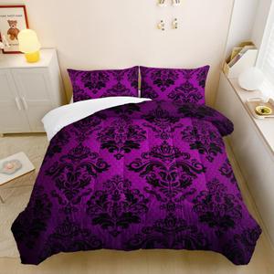 Violet Gothic Floral Print Comforter Set Queen Size,Vintage Damask Floral Bedding Set,Bohemian Exotic Printed Quilted Set for Teens Adult,with 1 Comforter and 2 Pillow Case (Purple)