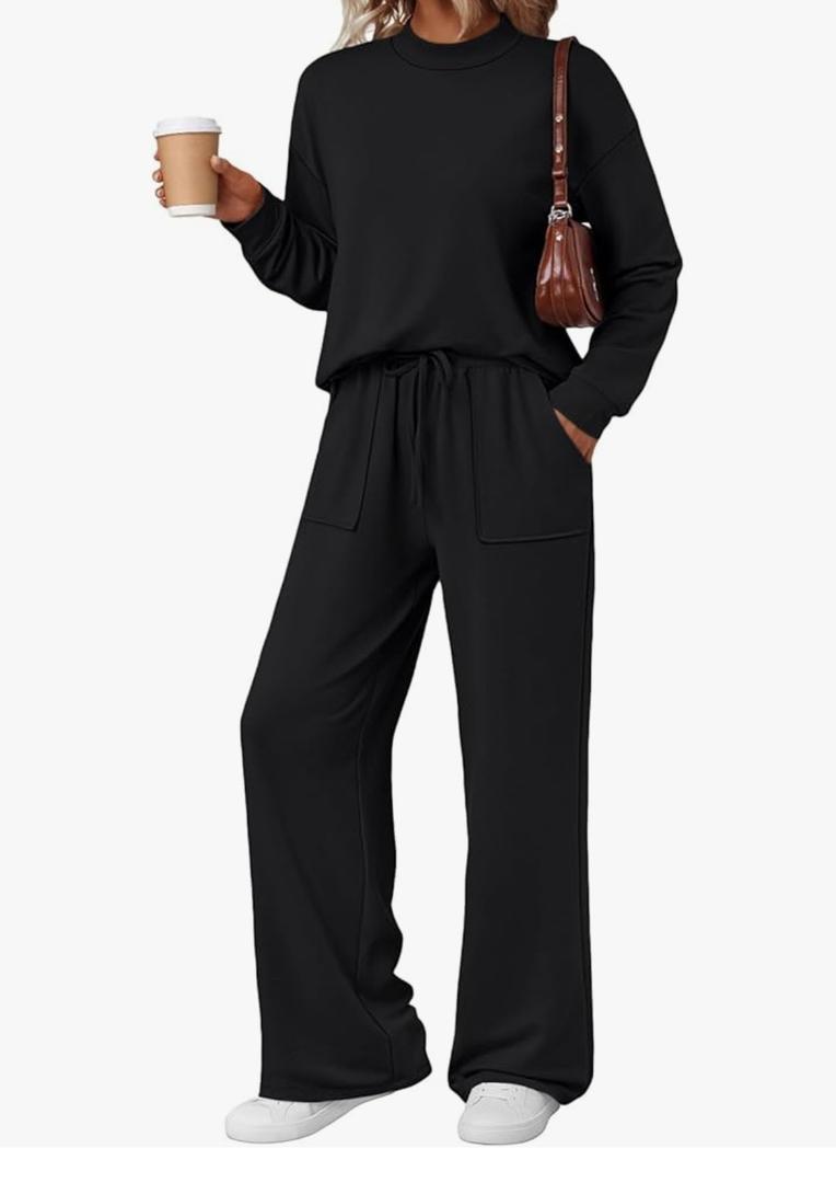 LILLUSORY Womens Two Piece Lounge Sets Mock Turtleneck Tops Wide Leg Drawstring Pants Sweatsuit with Pockets, M