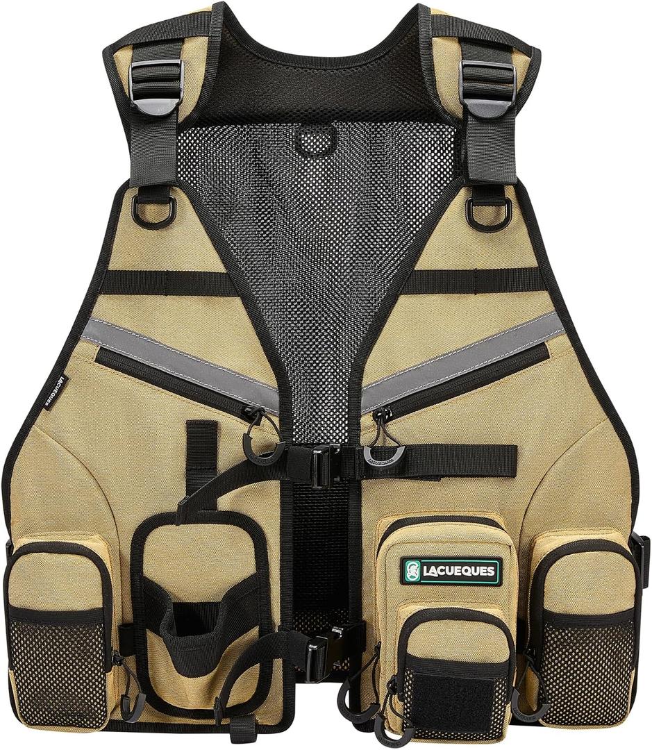 Wading Hands Free Fishing Vest for Lure, Adjustable Straps (Tan) | Built in Rod Holder, Tackle Box Pocket, 3 Heavy Duty D Rings for Landing Net, Gripper and Plier, High Water Resistant Pockets