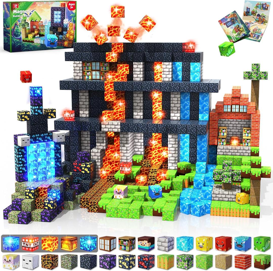 Magnetic Blocks - 150 PCS Dinosaur Volcano Forest Castle Set with Light Up Blocks - Kids Classroom Sensory Toy for Toddlers STEM, Construction Stacking Toy Kids 3+ Boys Girls Christmas Birthday Gifts