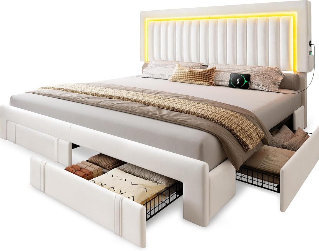 YITAHOME King Size Bed Frame with Adjustable Headboard, 4 Storage Drawers and RGB LED Lights, Velvet Upholstered Platform Bed with USB Ports, No Box Spring Needed, Fast Assembly, Noise-Free, White