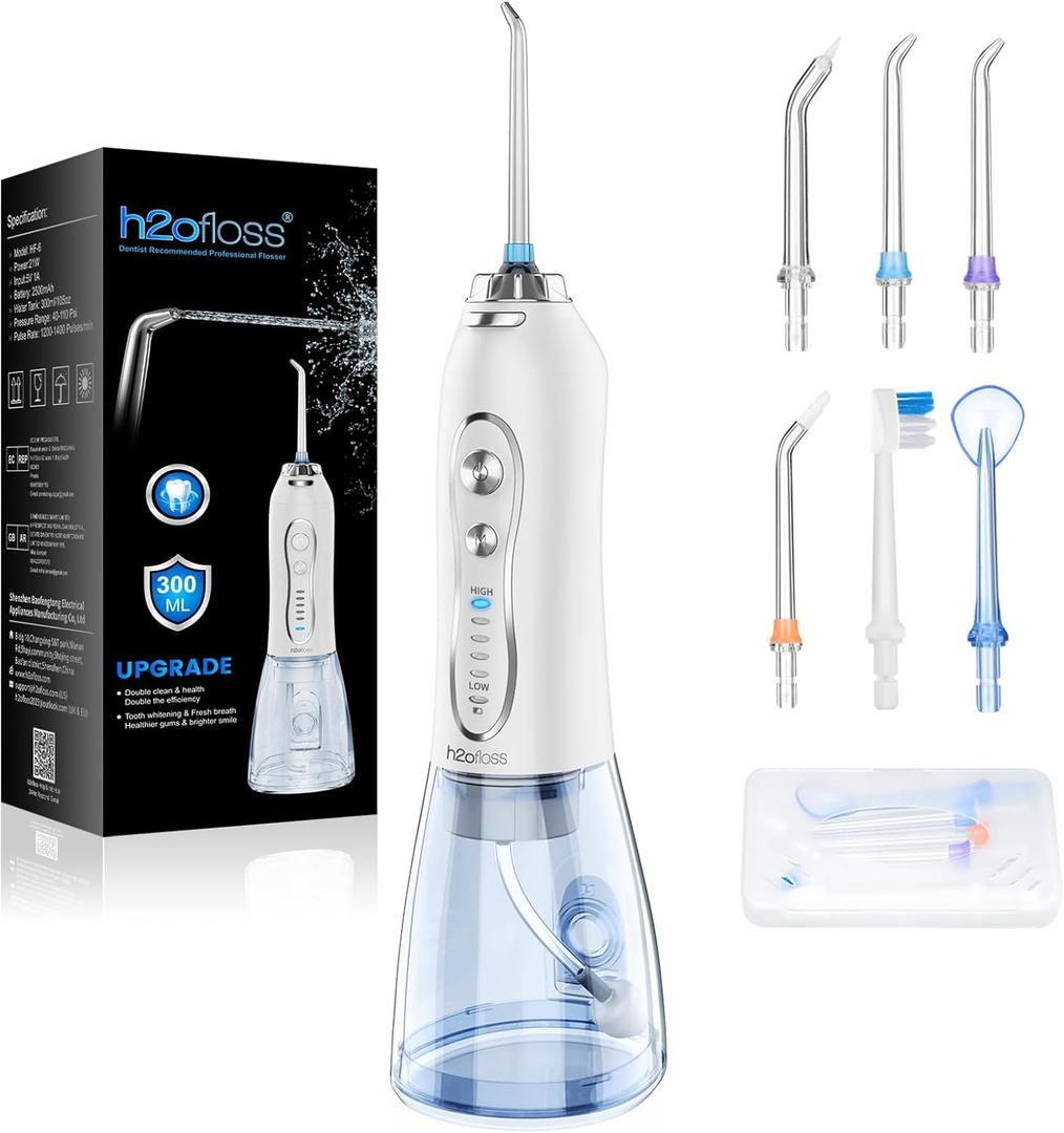 H2ofloss Water Dental Flosser Portable Dental Oral Irrigator with 5 Modes, 6 Replaceable Jet Tips, Rechargeable IPX7 Waterproof Teeth Cleaner for Home and Travel -300ml Detachable Reservoir (HF-6) (White)