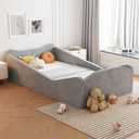 JOYMOR Toddler Bed, Floor Bed with Safety Guadrail, Montessori Toddler Bed with Animal Ear Shapes, Soft Velvet Wood Bed for Infant, Kids, Mattress not Included (Gray), Standard Crib