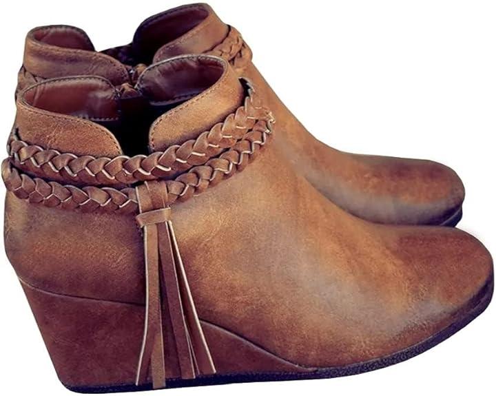 Womens Wedge Ankle Boots Braided Fringe Strap Western Heeled Fall Booties Dress Shoes (Brown) 9