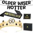 60th Birthday Decorations Gifts for Men, Including 60th Birthday King & Crown & Sash, Older Wiser Hotter Glitter Banner, Happy Birthday Party Prom Decoration For Men Him