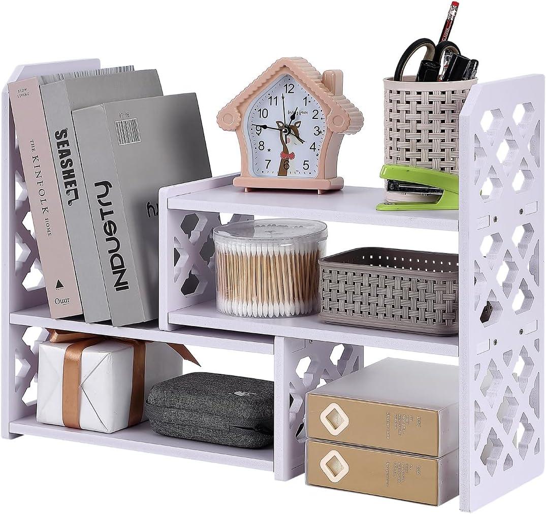 Felmis Desktop Organizers Shelves for Office Desk, Small Bookshelf for Desktop Storage, PVC Adjustable Display Shelf, Makeup Shelf for Dorm, Home Decor