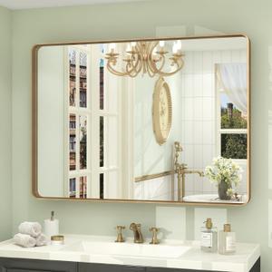 44x30 Gold Framed Mirror for Bathroom, Brushed Gold Brass Bathroom Mirror, Rectangle Gold Bathroom Vanity Mirror for Wall, Shatterproof, Anti-Rust, Hangs Horizontally or Vertically
