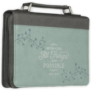 Christian Art Gifts Women's Fashion Bible Cover All Things are Possible Matthew 19:26, Gray and Light Blue Vines Faux Leather, XL