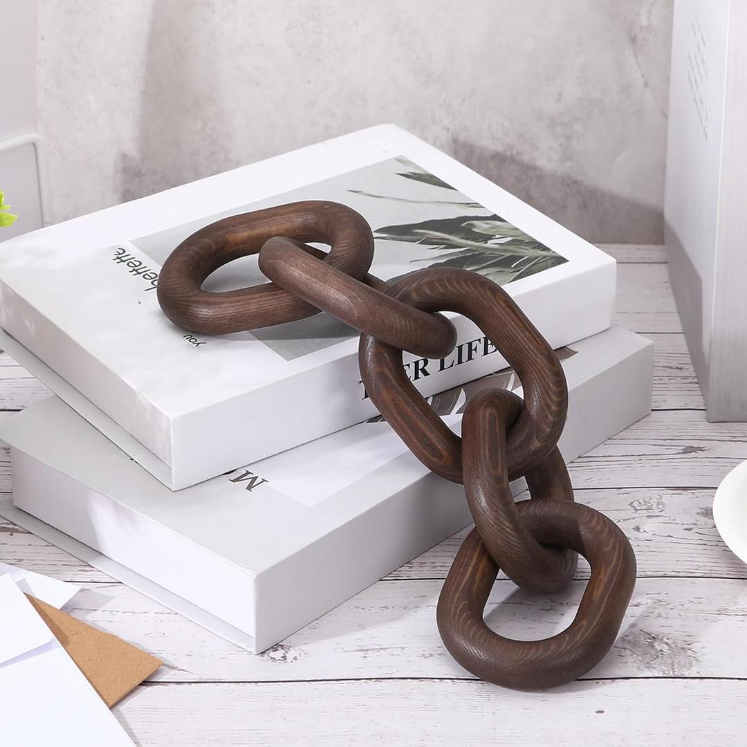 Queekay Decorative Wood Chain Link Decor Rustic 5 Link Wooden Chain Decor Ornament Farmhouse Home Decoration Hand Carved Wooden Crafts Ornaments for Coffee Table(Dark Walnut)