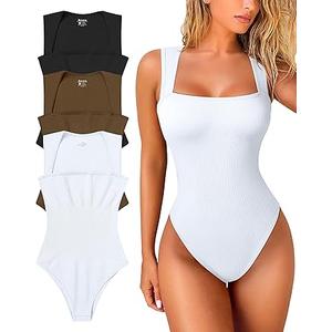 OQQ Women's 3 Piece Bodysuits Sexy Ribbed Strappy Square Neck Sleeveless Tummy Control Tank Tops Bodysuits large