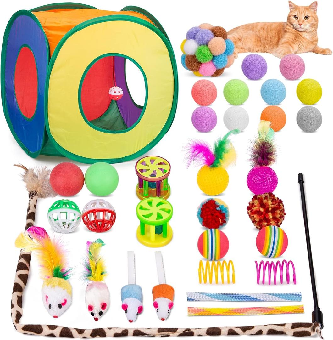 Retro Shaw 33Pcs Cat Toys for Indoor Cats Kitten, Collapsible Play Tunnel with Interactive Feather Wand, Bell Balls, Springs & Plush Mice Tent for Boredom Relief, Exercise & Kitty Hunting Instinct