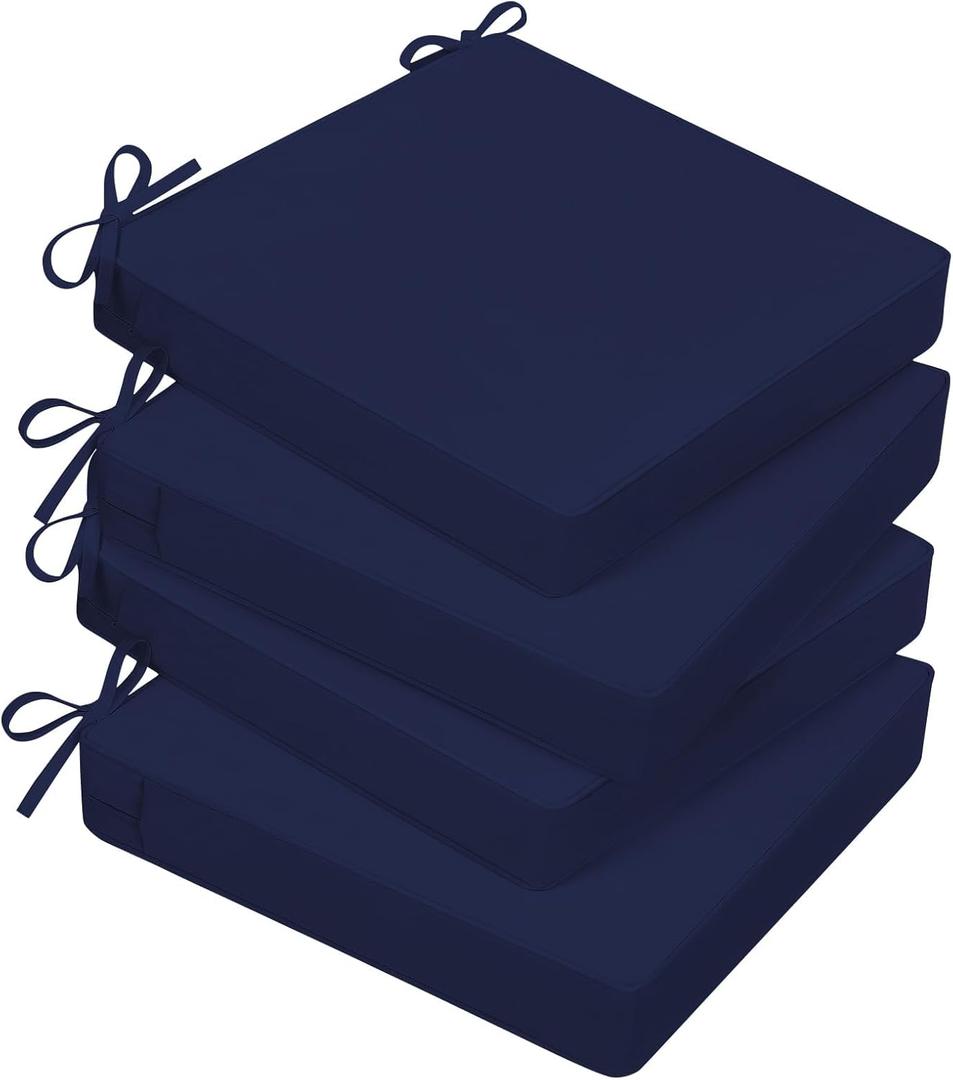 Basic Beyond Outdoor Chair Cushions for Patio Furniture, Waterproof Outdoor Seat Cushions Set of 4 18 x 18, Patio Chair Cushions Set of 4 with Ties and Handle, Navy