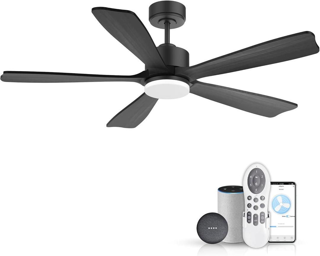 52 Inch Smart Ceiling Fans with Lights and remote,Eco-friendly wood ceiling fan Voice Control via WIFI Alexa App,Quiet DC Motor,Dimmable LED,Modern Ceiling Fan for Bedroom,Living Room,5 blade Fan