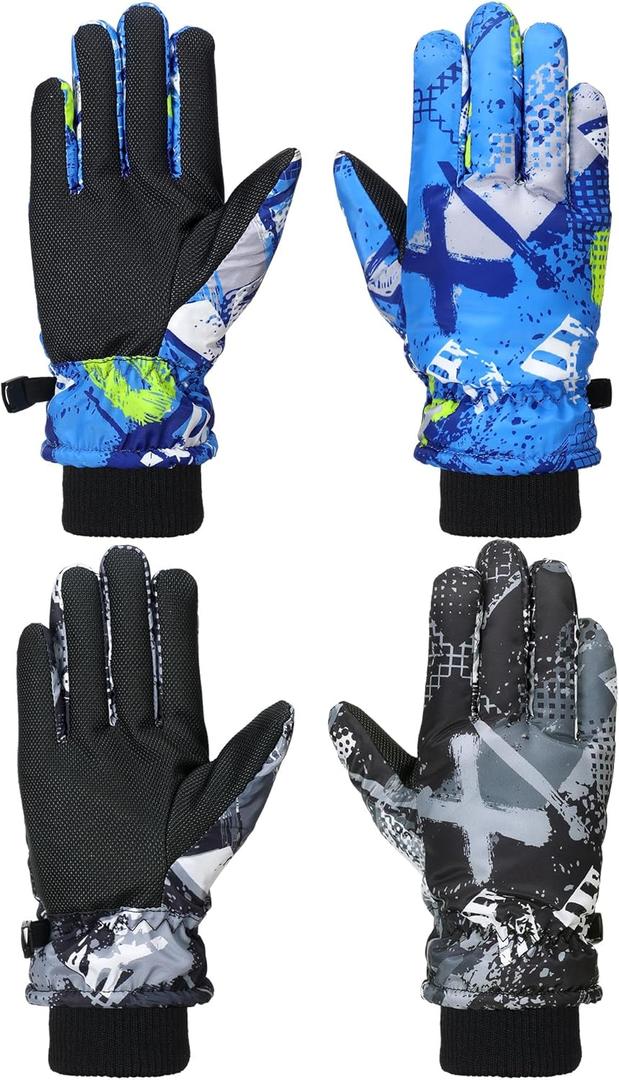 Honoson 2 Pairs Kids Snow Gloves Winter Waterproof Kids Ski Gloves Youth for Girls Boys Outdoor Toddler Snowboard Warm Clothe (10-15 Years, Retro Pattern)