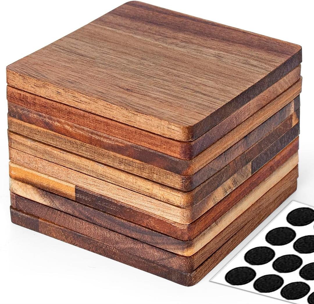 16 Pieces Unfinished Wood Coasters, 4 Inch Square Acacia Wooden Coasters for Crafts with Non-Slip Silicon Dots for DIY Stained Painting Wood Engraving Home Decoration