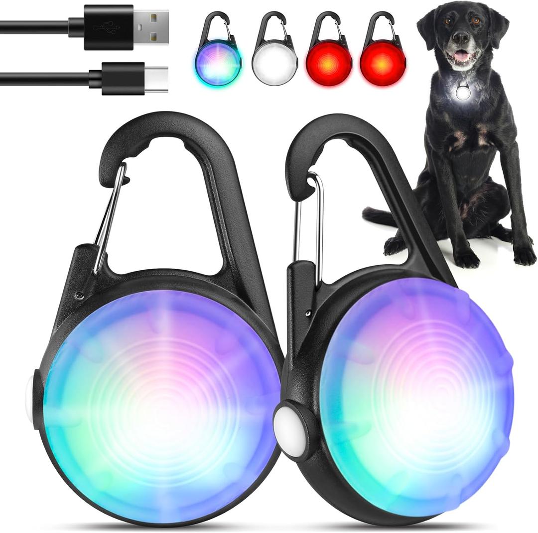 2Pack Dog Lights for Night Walking Dog Collar Light Clip on Rechargeable Glow in The Dark Light with 4Modes & RGB Color for Camping (Black)