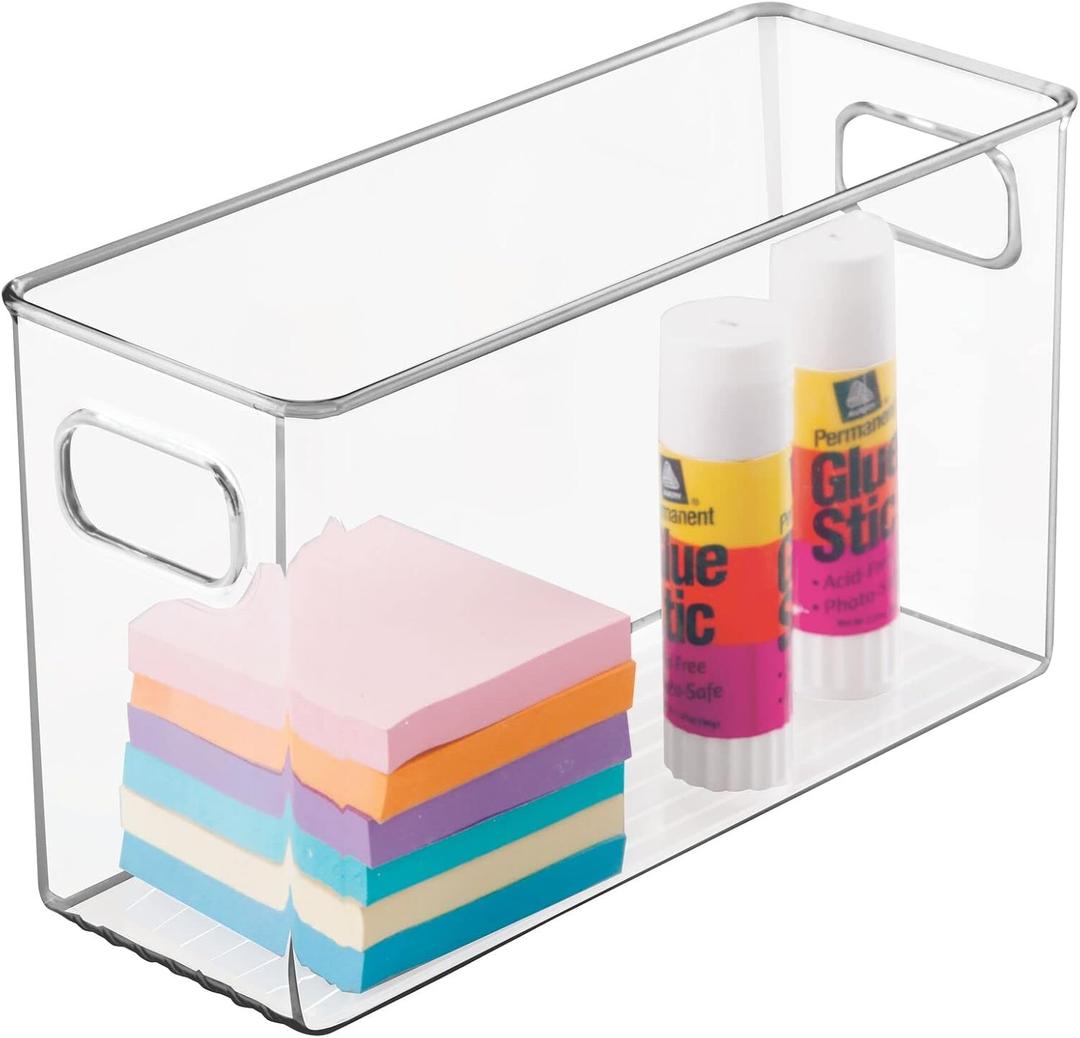 mDesign Large Plastic Office Storage Organizer Container Bin with Handles  Basket for Cabinet, Cupboard, Desk, Closet and Shelf Organization  Holds Notebook, Books, Files, Ligne Collection  Clear