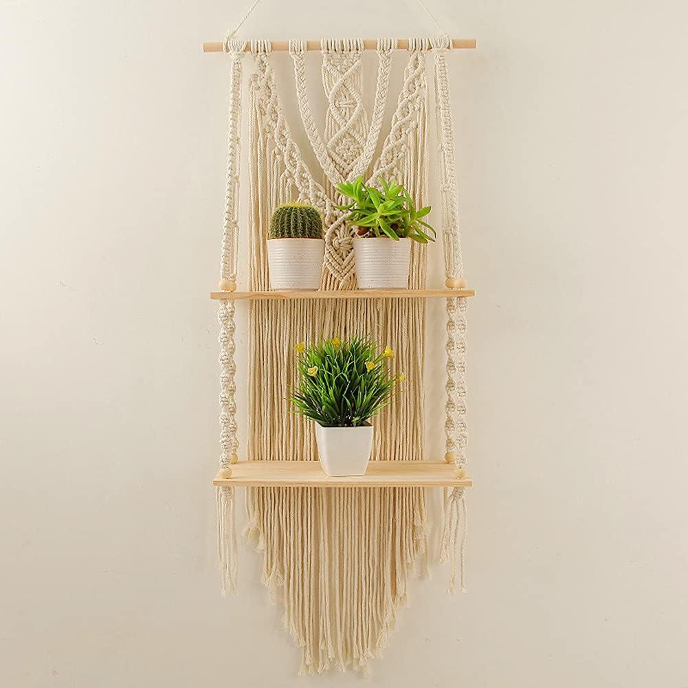 Mong Macrame Wall Hanging Shelf - Boho Hanging Shelves for Wall - Decorative Bohemian Floating Plants Room Storage Shelving Macrame Rope Decor Organizer Rack, 2 Tier Handmade Plant Shelves