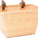 Cane Woven Rectangular Toto Basket with Authentic Leather Straps and Brass Buckles 9"D x 10"W x 14"H