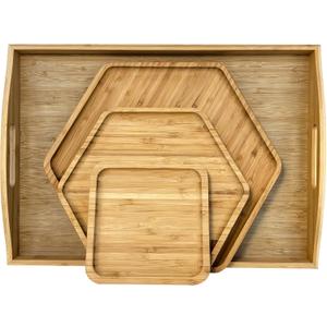 Bamboo Serving Trays Dinner Plates Cheese Board 16.5"x11.8"42x30cm with Handle, Set Includes 1xHexagon 12.5"(32cm)+1xHexagon 9.8"(25cm)+1xSquare 5.9"(15cm) Plates for Family Dinner (2hexagon+1square)